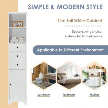 White Tall Bathroom Cabinet, Freestanding Storage Cabinet with 3 Drawers and Adjustable Shelf, MDF Board with Painted