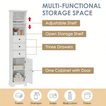 White Tall Bathroom Cabinet, Freestanding Storage Cabinet with 3 Drawers and Adjustable Shelf, MDF Board with Painted