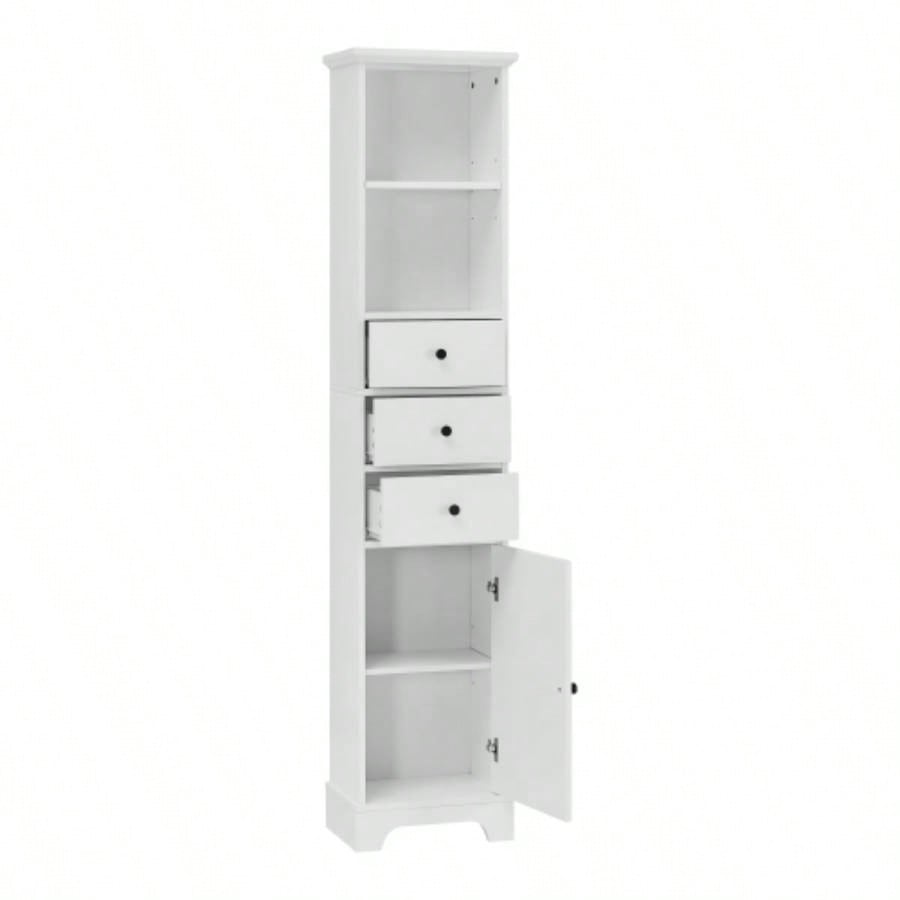 White Tall Bathroom Cabinet, Freestanding Storage Cabinet with 3 Drawers and Adjustable Shelf, MDF Board with Painted