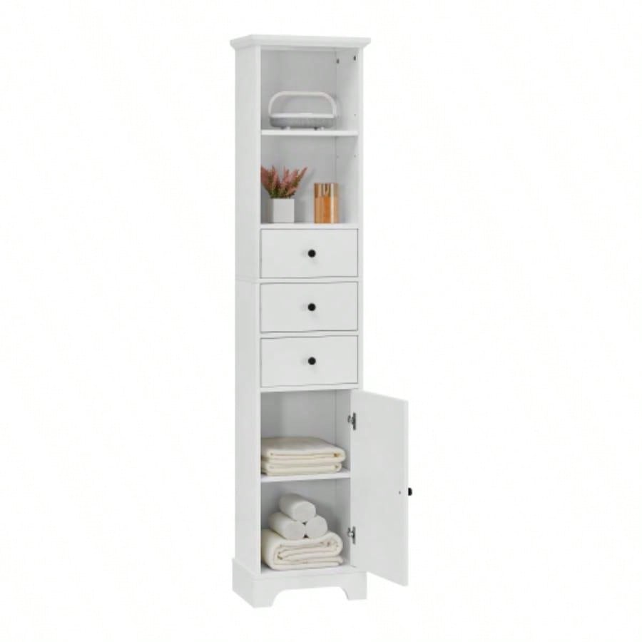 White Tall Bathroom Cabinet, Freestanding Storage Cabinet with 3 Drawers and Adjustable Shelf, MDF Board with Painted