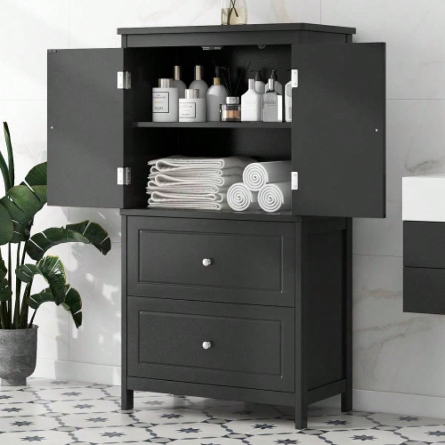Bathroom Storage Cabinet, Cabinet with Two Doors and Drawers, Adjustable Shelf, MDF Board, White