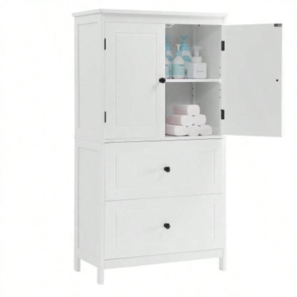 Bathroom Storage Cabinet, Cabinet with Two Doors and Drawers, Adjustable Shelf, MDF Board, White