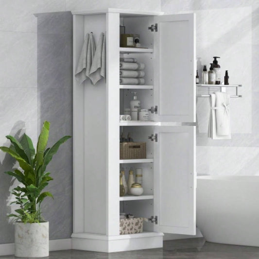 Tall Bathroom Storage Cabinet, Freestanding Storage Cabinet with Hook and Adjustable Shelf, MDF Board, White Old Sku: WF326356AAK