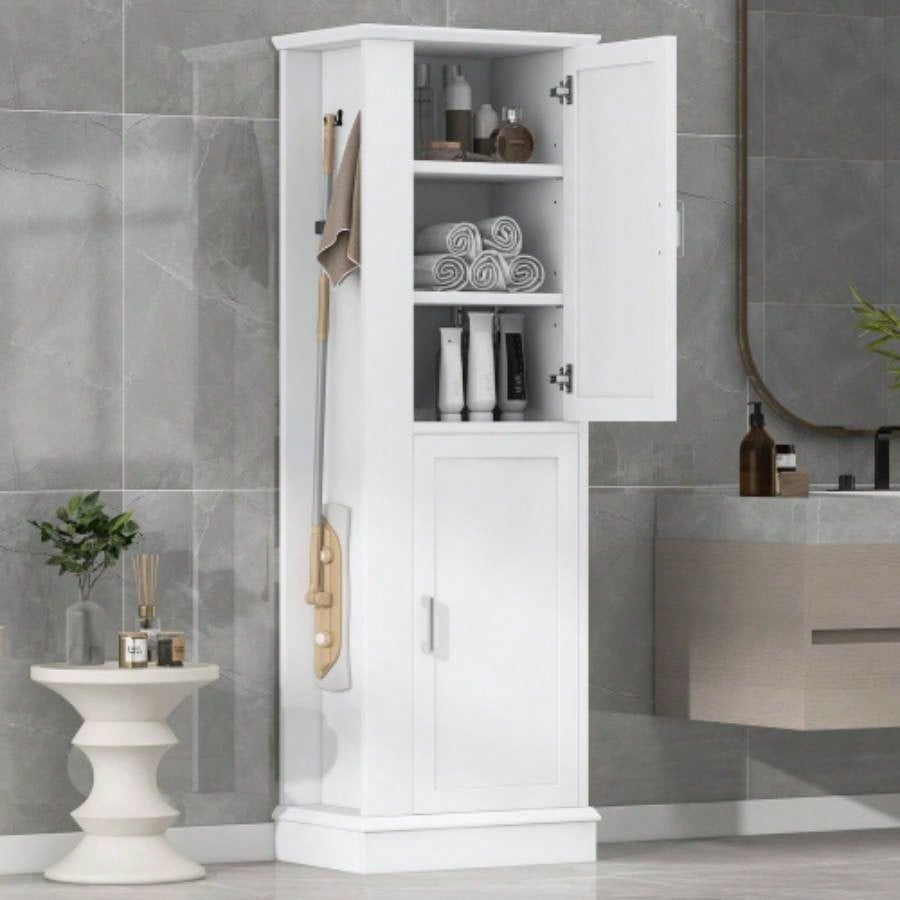 Tall Bathroom Storage Cabinet, Freestanding Storage Cabinet with Hook and Adjustable Shelf, MDF Board, White Old Sku: WF326356AAK
