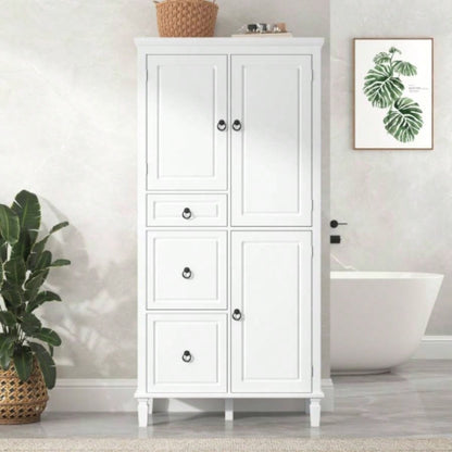 Retro Multi - Functional Storage Cabinet with Adjustable Shelves, 3 Drawers, and 3 Enclosed Compartments - Stylish and Versatile Organizer Living Room, Kitchen, or Office, White