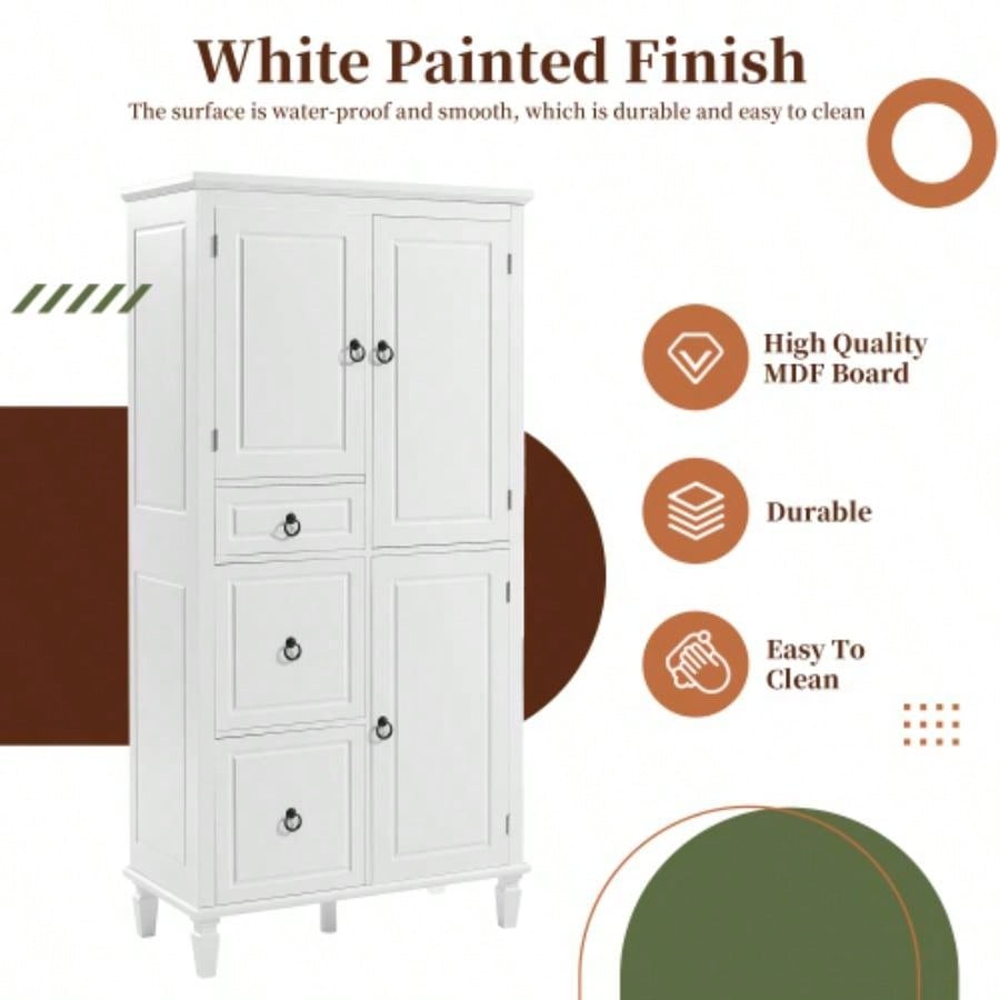 Retro Multi - Functional Storage Cabinet with Adjustable Shelves, 3 Drawers, and 3 Enclosed Compartments - Stylish and Versatile Organizer Living Room, Kitchen, or Office, White