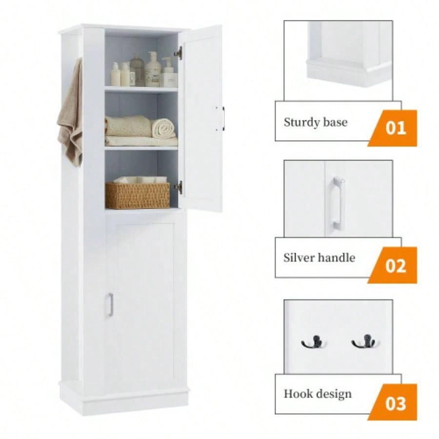 Tall Bathroom Storage Cabinet, Freestanding Storage Cabinet with Hook and Adjustable Shelf, MDF Board, White Old Sku: WF326356AAK