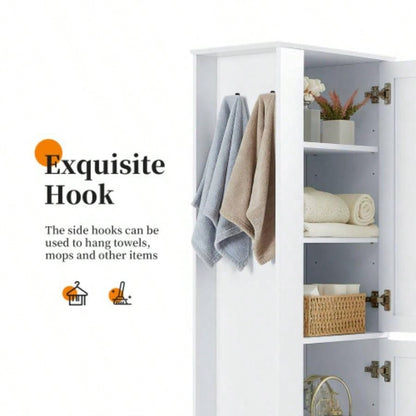 Tall Bathroom Storage Cabinet, Freestanding Storage Cabinet with Hook and Adjustable Shelf, MDF Board, White Old Sku: WF326356AAK