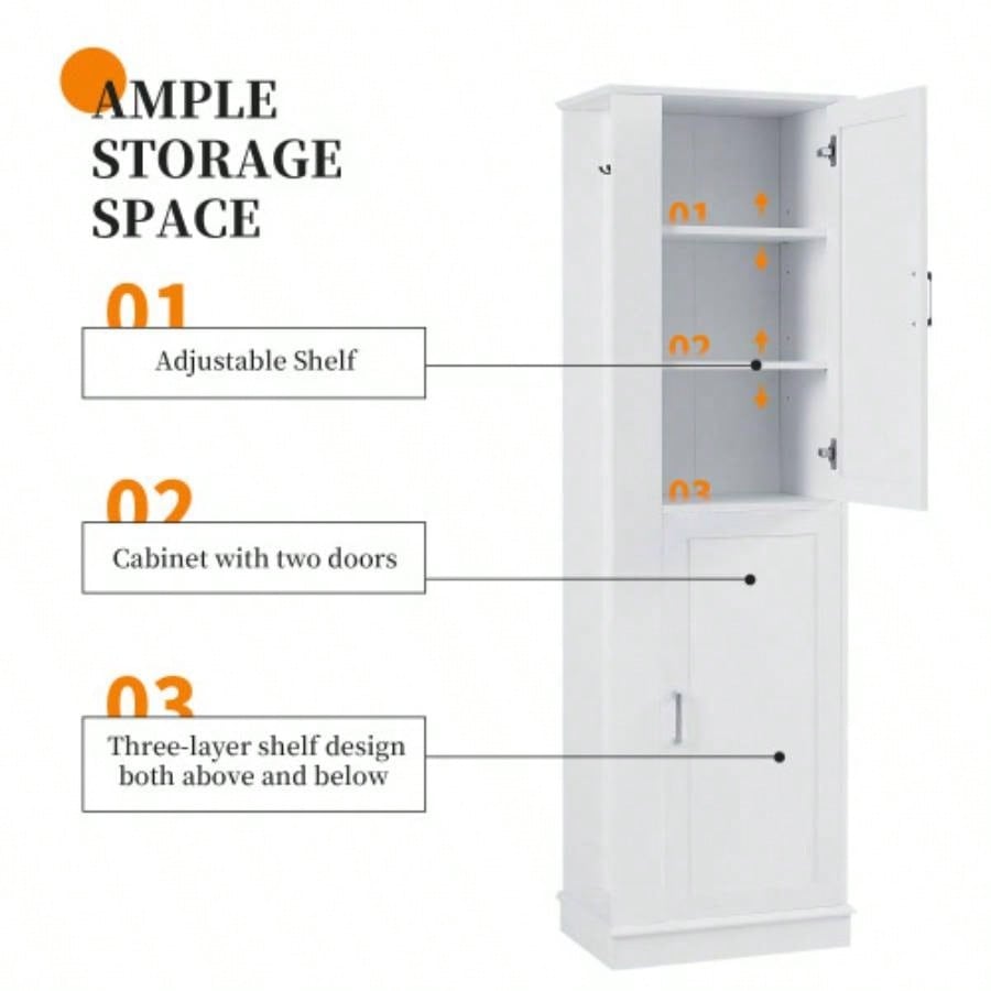 Tall Bathroom Storage Cabinet, Freestanding Storage Cabinet with Hook and Adjustable Shelf, MDF Board, White Old Sku: WF326356AAK