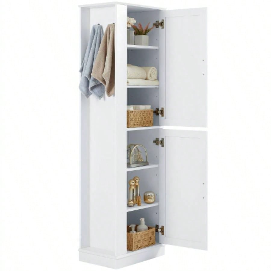 Tall Bathroom Storage Cabinet, Freestanding Storage Cabinet with Hook and Adjustable Shelf, MDF Board, White Old Sku: WF326356AAK