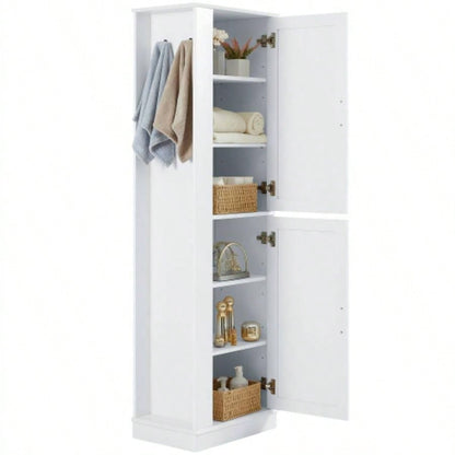 Tall Bathroom Storage Cabinet, Freestanding Storage Cabinet with Hook and Adjustable Shelf, MDF Board, White Old Sku: WF326356AAK