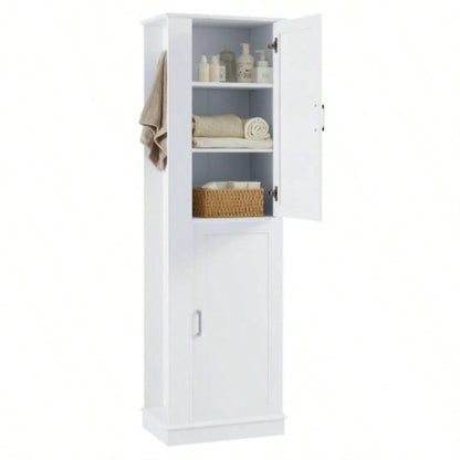 Tall Bathroom Storage Cabinet, Freestanding Storage Cabinet with Hook and Adjustable Shelf, MDF Board, White Old Sku: WF326356AAK