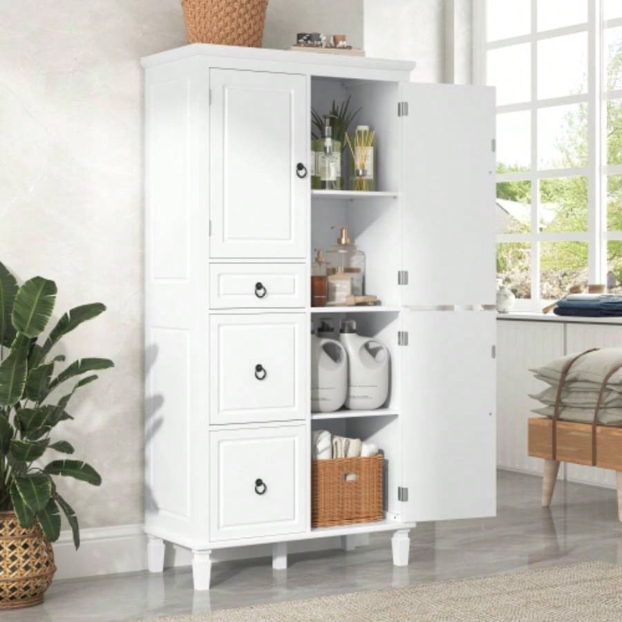Retro Multi - Functional Storage Cabinet with Adjustable Shelves, 3 Drawers, and 3 Enclosed Compartments - Stylish and Versatile Organizer Living Room, Kitchen, or Office, White