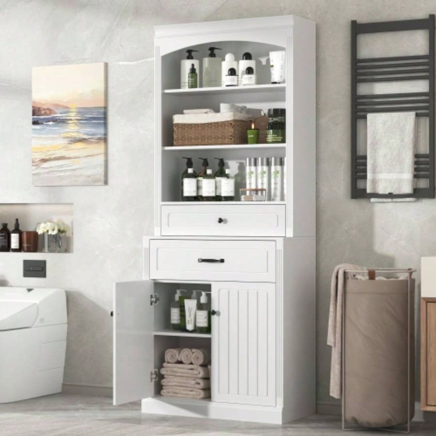 White Bathroom Storage Cabinet with Two Doors, Drawers, Adjustable Shelf Three Open Shelves - Durable MDF Construction