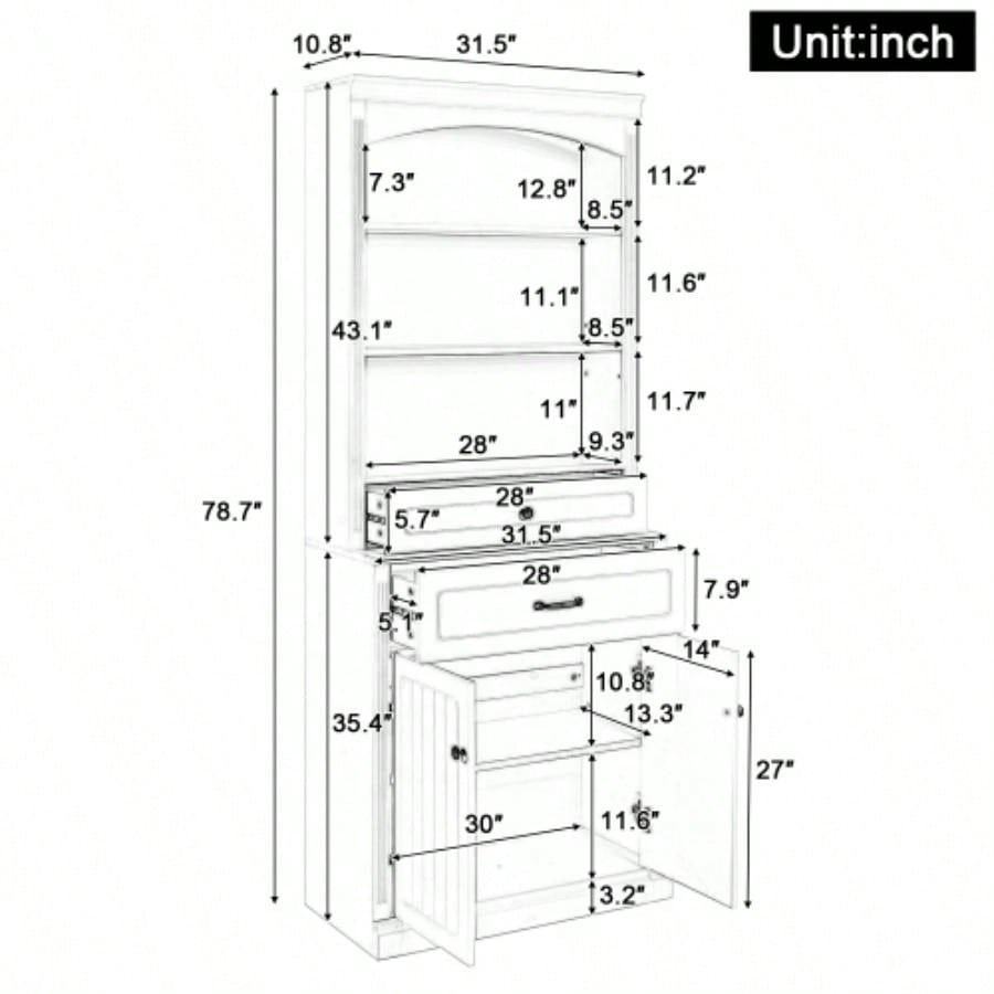 White Bathroom Storage Cabinet with Two Doors, Drawers, Adjustable Shelf Three Open Shelves - Durable MDF Construction