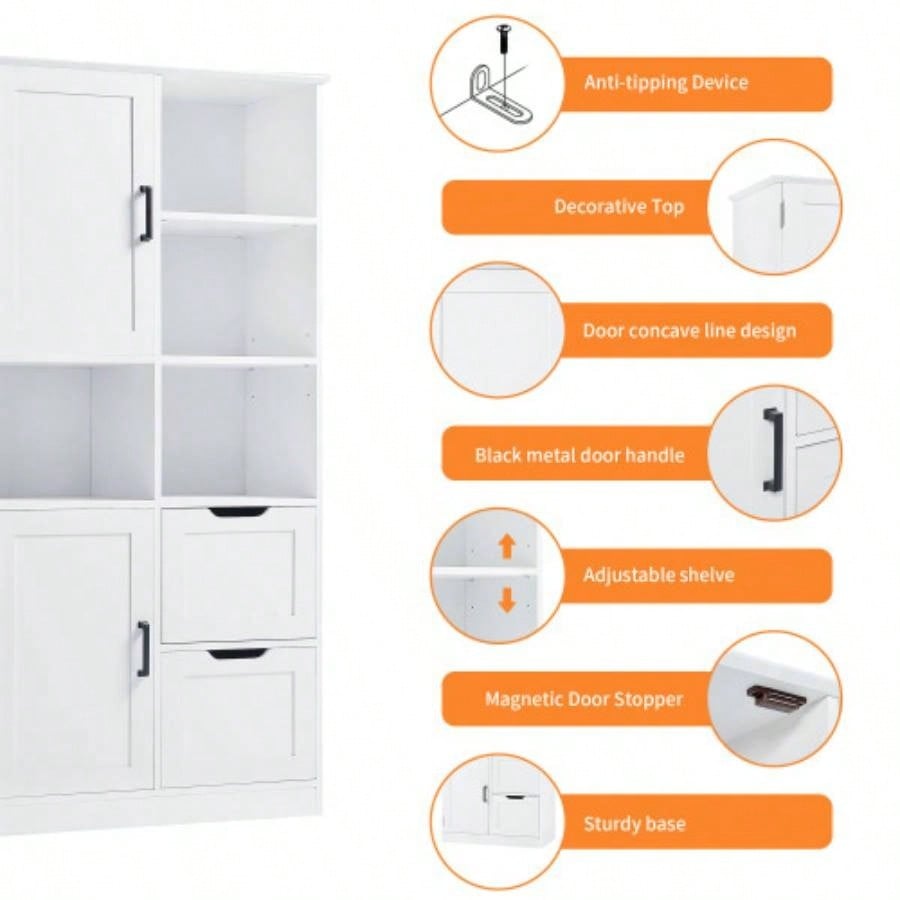 Bathroom Storage Cabinet with Doors and Drawers, Multiple Storage Space, Freestanding Style, Open Shelve, Adjustable Shelf, White
