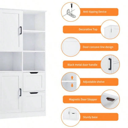 Bathroom Storage Cabinet with Doors and Drawers, Multiple Storage Space, Freestanding Style, Open Shelve, Adjustable Shelf, White