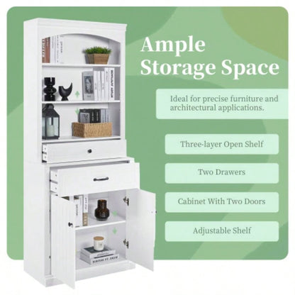 White Bathroom Storage Cabinet with Two Doors, Drawers, Adjustable Shelf Three Open Shelves - Durable MDF Construction