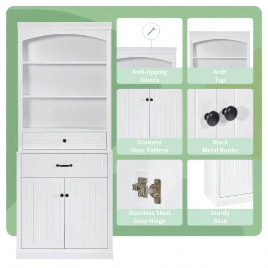 White Bathroom Storage Cabinet with Two Doors, Drawers, Adjustable Shelf Three Open Shelves - Durable MDF Construction