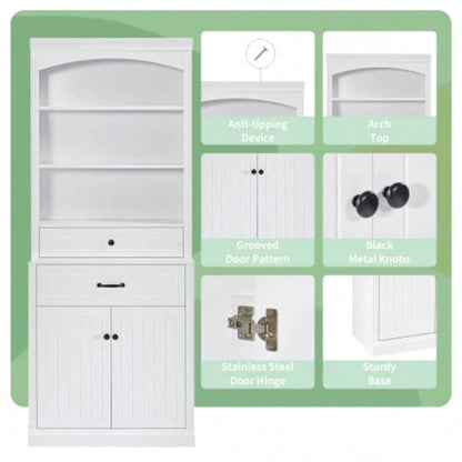 White Bathroom Storage Cabinet with Two Doors, Drawers, Adjustable Shelf Three Open Shelves - Durable MDF Construction