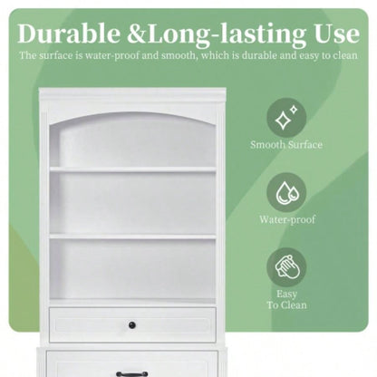 White Bathroom Storage Cabinet with Two Doors, Drawers, Adjustable Shelf Three Open Shelves - Durable MDF Construction
