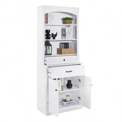 White Bathroom Storage Cabinet with Two Doors, Drawers, Adjustable Shelf Three Open Shelves - Durable MDF Construction
