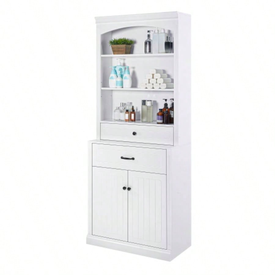 White Bathroom Storage Cabinet with Two Doors, Drawers, Adjustable Shelf Three Open Shelves - Durable MDF Construction