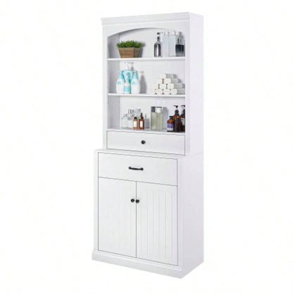 White Bathroom Storage Cabinet with Two Doors, Drawers, Adjustable Shelf Three Open Shelves - Durable MDF Construction