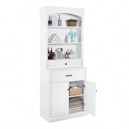 White Bathroom Storage Cabinet with Two Doors, Drawers, Adjustable Shelf Three Open Shelves - Durable MDF Construction