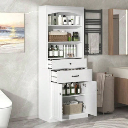 White Bathroom Storage Cabinet with Two Doors, Drawers, Adjustable Shelf Three Open Shelves - Durable MDF Construction