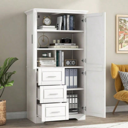 Tall and Wide Storage Cabinet with Doors Bathroom/Office, Three Drawers, White