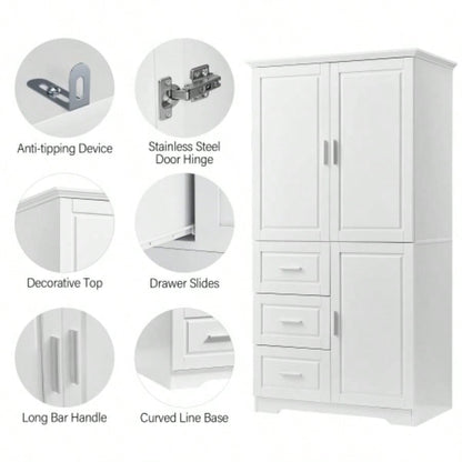 Tall and Wide Storage Cabinet with Doors Bathroom/Office, Three Drawers, White