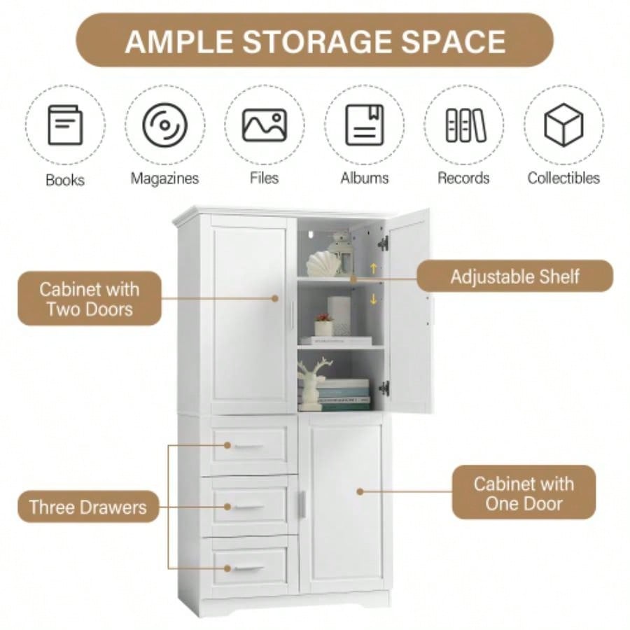 Tall and Wide Storage Cabinet with Doors Bathroom/Office, Three Drawers, White