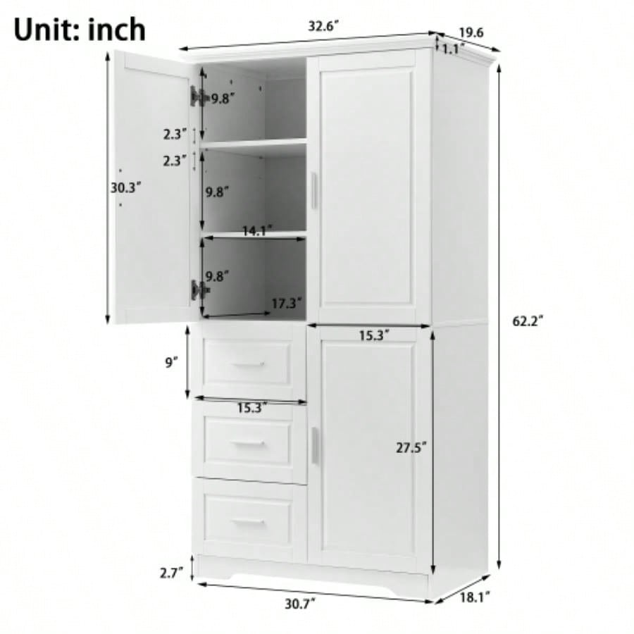 Tall and Wide Storage Cabinet with Doors Bathroom/Office, Three Drawers, White