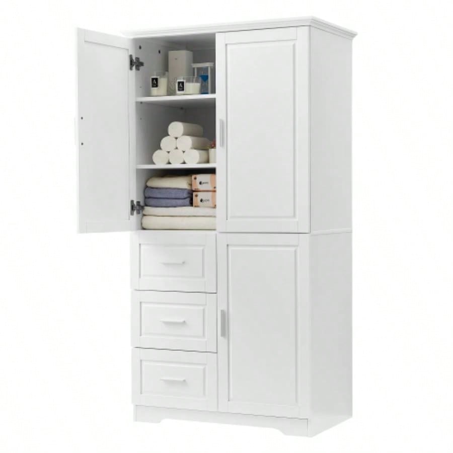 Tall and Wide Storage Cabinet with Doors Bathroom/Office, Three Drawers, White