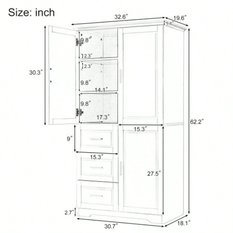 Tall and Wide Storage Cabinet with Doors Bathroom/Office, Three Drawers,