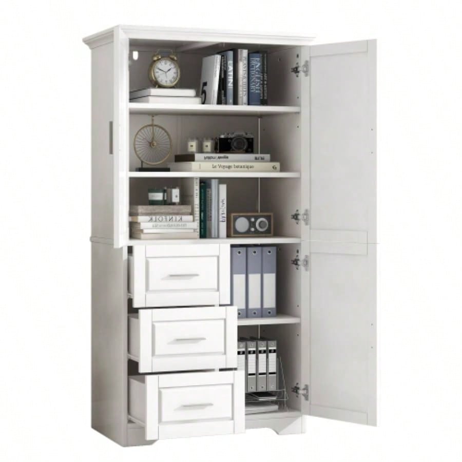 Tall and Wide Storage Cabinet with Doors Bathroom/Office, Three Drawers, White