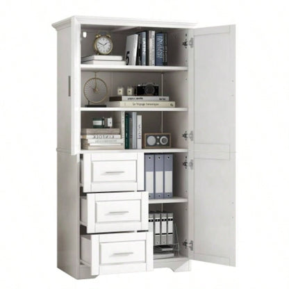Tall and Wide Storage Cabinet with Doors Bathroom/Office, Three Drawers, White