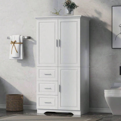 Tall and Wide Storage Cabinet with Doors Bathroom/Office, Three Drawers, White