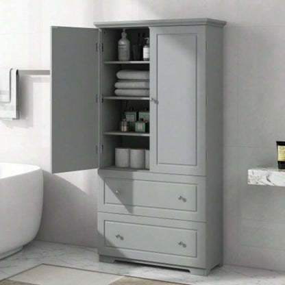 Wide Bathroom Storage Cabinet, Freestanding Storage Cabinet with Two Drawers and Adjustable Shelf, MDF Board with Painted,