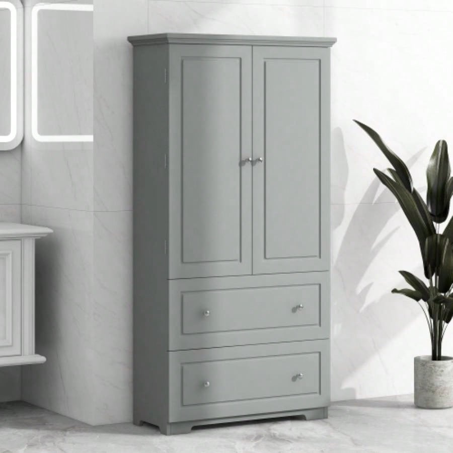 Wide Bathroom Storage Cabinet, Freestanding Storage Cabinet with Two Drawers and Adjustable Shelf, MDF Board with Painted,