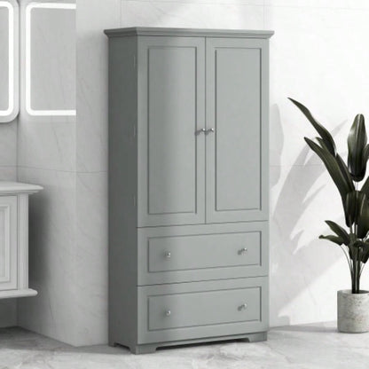 Wide Bathroom Storage Cabinet, Freestanding Storage Cabinet with Two Drawers and Adjustable Shelf, MDF Board with Painted,