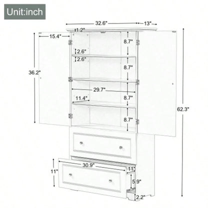 Wide Bathroom Storage Cabinet, Freestanding Storage Cabinet with Two Drawers and Adjustable Shelf, MDF Board with Painted,