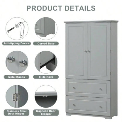 Wide Bathroom Storage Cabinet, Freestanding Storage Cabinet with Two Drawers and Adjustable Shelf, MDF Board with Painted,