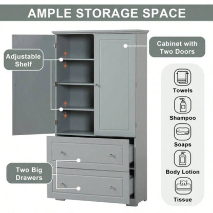 Wide Bathroom Storage Cabinet, Freestanding Storage Cabinet with Two Drawers and Adjustable Shelf, MDF Board with Painted,