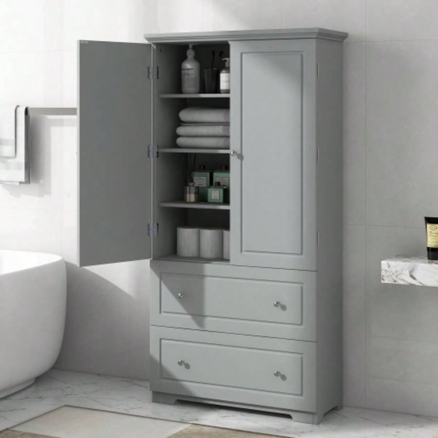 Wide Bathroom Storage Cabinet, Freestanding Storage Cabinet with Two Drawers and Adjustable Shelf, MDF Board with Painted,