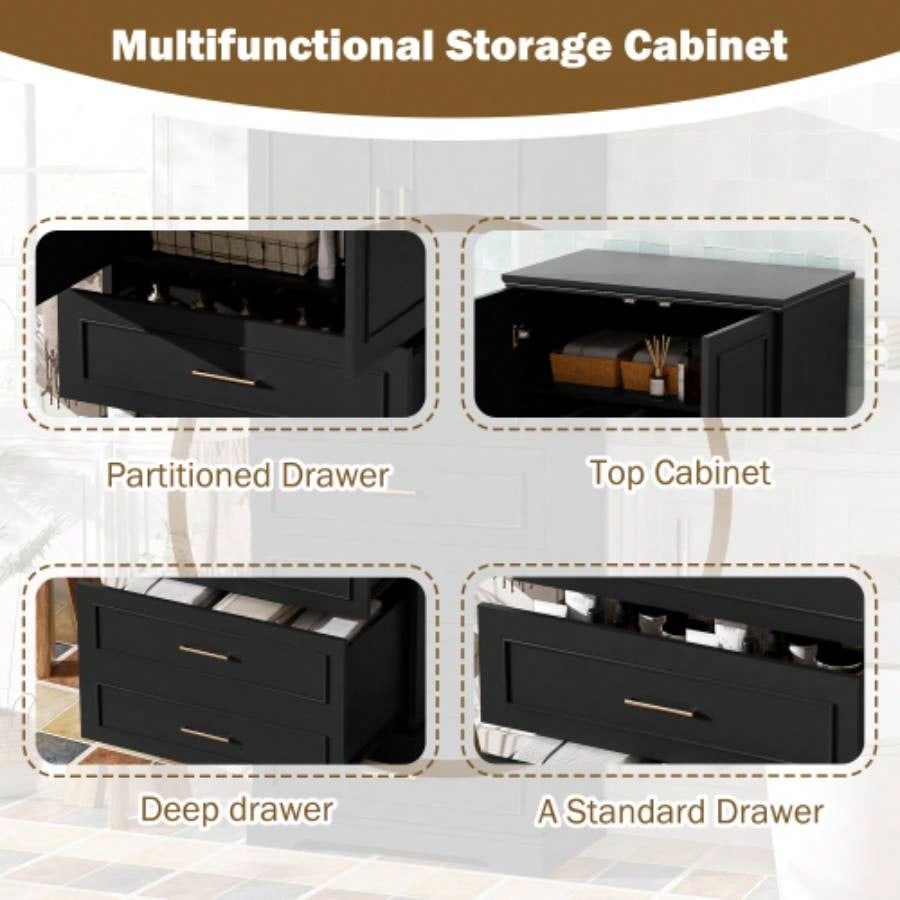 72.2 Tall Freestanding Bathroom Cabinet with 3 Drawers Partitioned, Standard, Deep, Adjustable Shelf, Modern Elegant Style, Soft - Close Doors, MDF Panels, Steel Handles