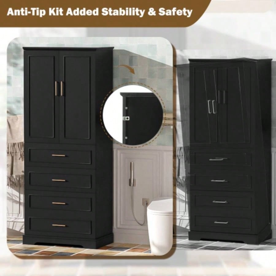 72.2 Tall Freestanding Bathroom Cabinet with 3 Drawers Partitioned, Standard, Deep, Adjustable Shelf, Modern Elegant Style, Soft - Close Doors, MDF Panels, Steel Handles
