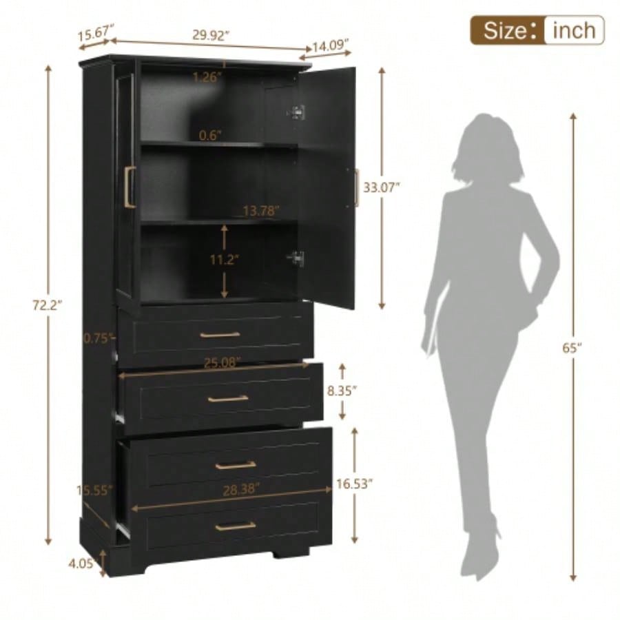 72.2 Tall Freestanding Bathroom Cabinet with 3 Drawers Partitioned, Standard, Deep, Adjustable Shelf, Modern Elegant Style, Soft - Close Doors, MDF Panels, Steel Handles