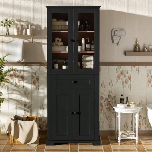 67.2 Tall Bathroom Storage Cabinet with Tempered Glass Doors, Adjustable Shelves Drawer - Modern Freestanding Linen Tower, Soft - Close Design